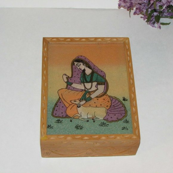 Handmade Boho Trinket Keepsake Jewelry Box Wood & Crushed Gemstones Lined - Picture 4 of 10